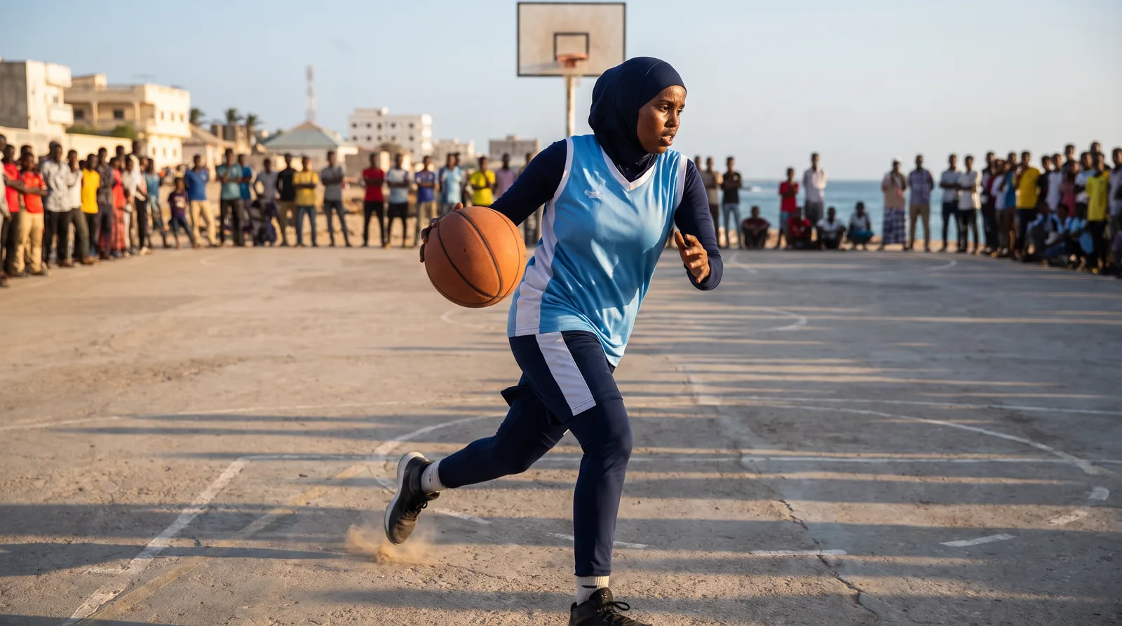 Somali basketball players in a game on an outdoor court, one driving to the basket while a defender contests the shot